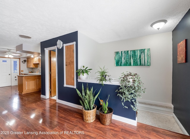 interior space featuring a textured ceiling, ceiling fan, sink, and dark hardwood / wood-style flooring