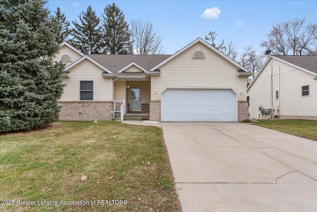 ranch-style home featuring a garage, brick siding, driveway, roof with shingles, and a front yard