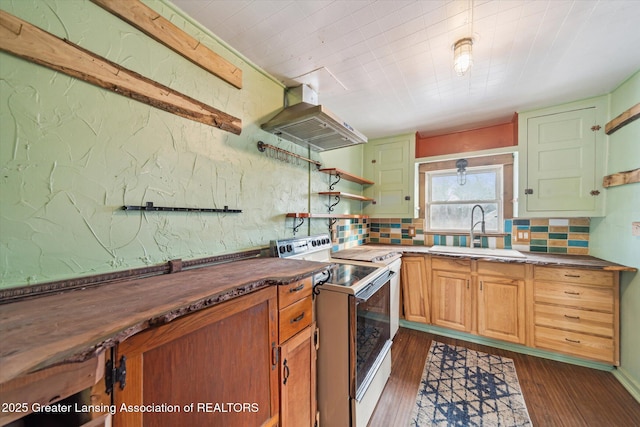 kitchen with island range hood, dark wood-style flooring, a sink, white range with electric stovetop, and decorative backsplash