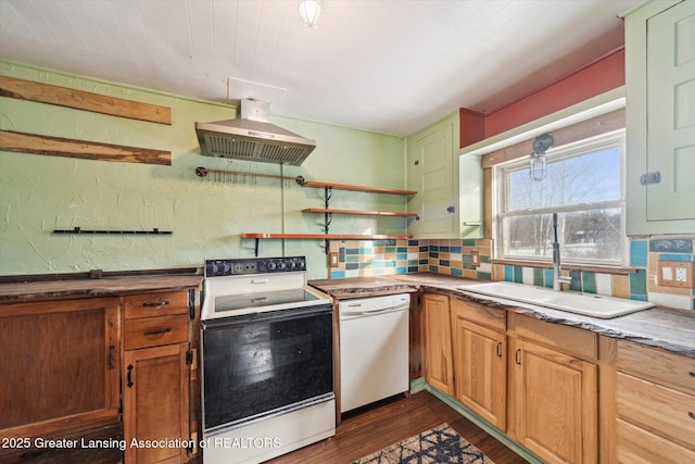 kitchen featuring tasteful backsplash, electric range oven, a sink, white dishwasher, and ventilation hood