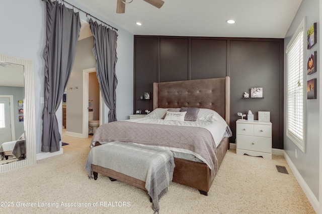 bedroom with a ceiling fan, recessed lighting, visible vents, and light colored carpet