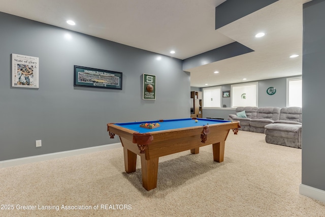 playroom featuring baseboards, carpet floors, billiards, and recessed lighting