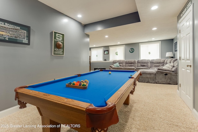 playroom featuring baseboards, carpet, billiards, and recessed lighting