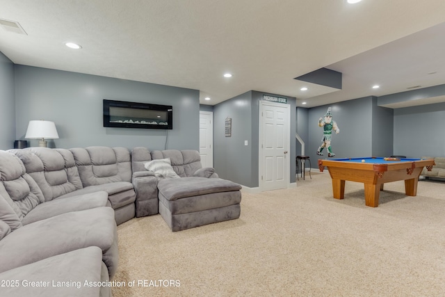 living area featuring recessed lighting, light colored carpet, visible vents, billiards, and baseboards