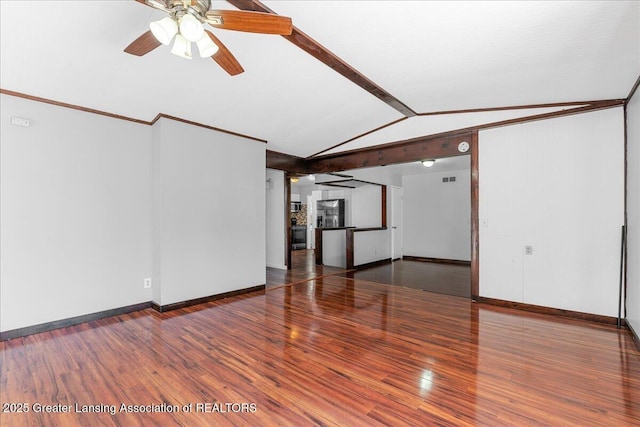 unfurnished living room with baseboards, ceiling fan, ornamental molding, dark wood-style flooring, and vaulted ceiling with beams