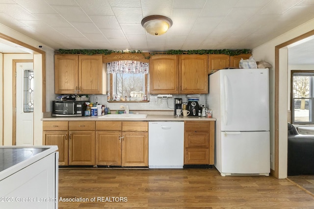 kitchen with dark wood-style floors, white appliances, light countertops, and a sink