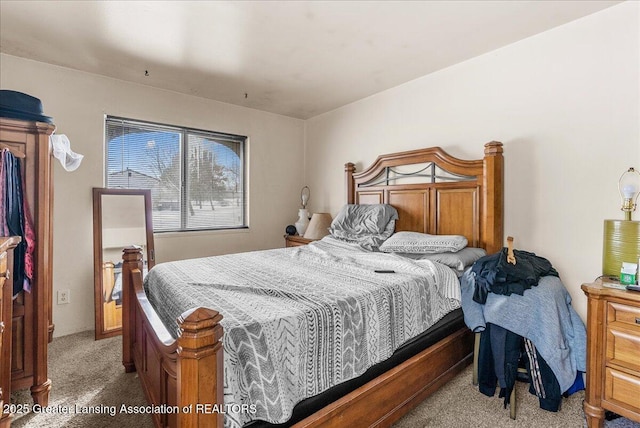 bedroom with light carpet