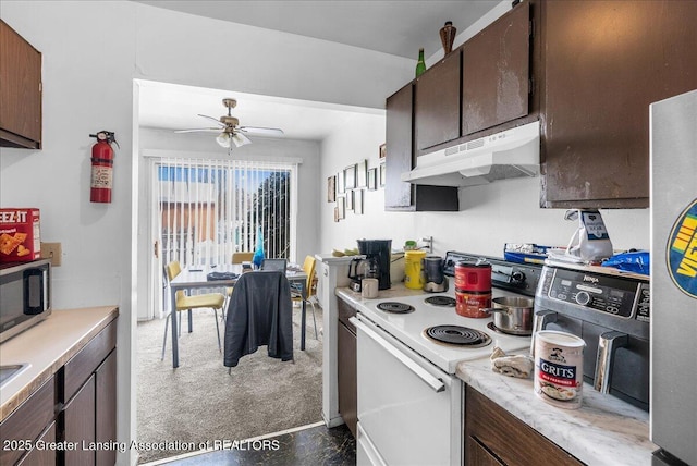 kitchen with under cabinet range hood, stainless steel appliances, a ceiling fan, light countertops, and dark brown cabinets