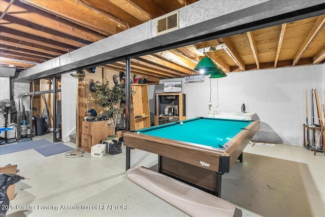 game room with billiards, concrete floors, and visible vents