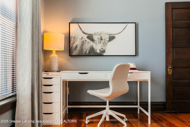 home office with dark wood-style flooring