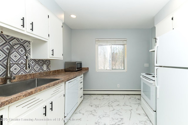 kitchen featuring white appliances, white cabinets, a baseboard radiator, marble finish floor, and a sink