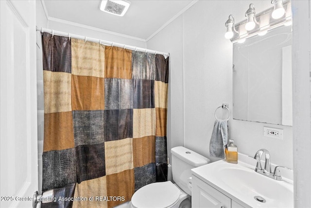 bathroom with ornamental molding, visible vents, vanity, and a shower with shower curtain