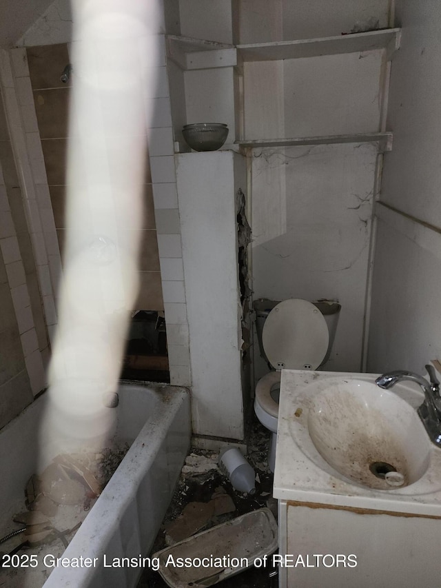 bathroom featuring toilet, a washtub, and vanity