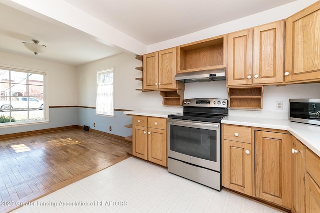 kitchen featuring open shelves, stainless steel appliances, under cabinet range hood, and light countertops