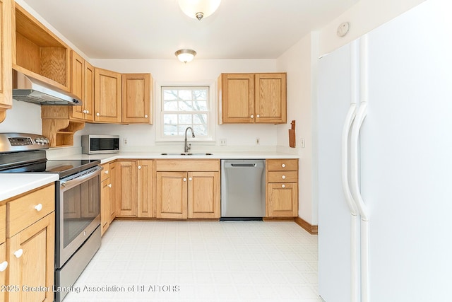 kitchen with a sink, light countertops, under cabinet range hood, and stainless steel appliances