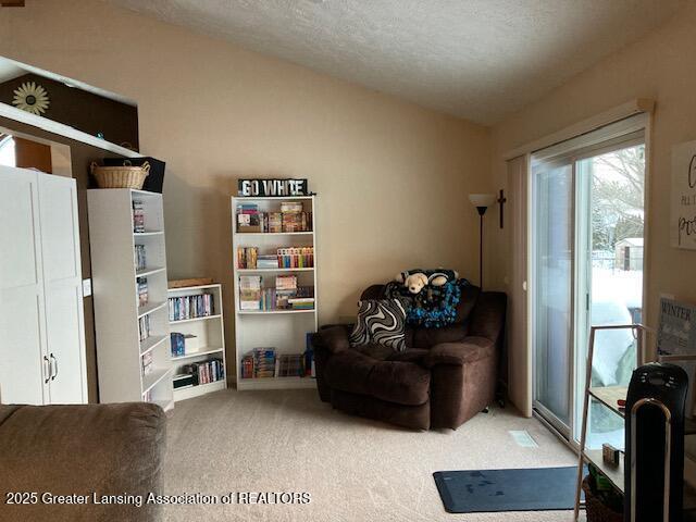 sitting room with a textured ceiling, carpet floors, and lofted ceiling