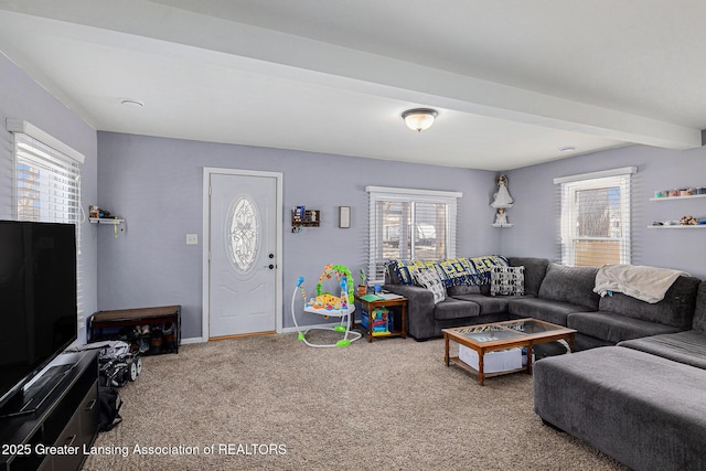 living area featuring carpet floors, a wealth of natural light, beamed ceiling, and baseboards