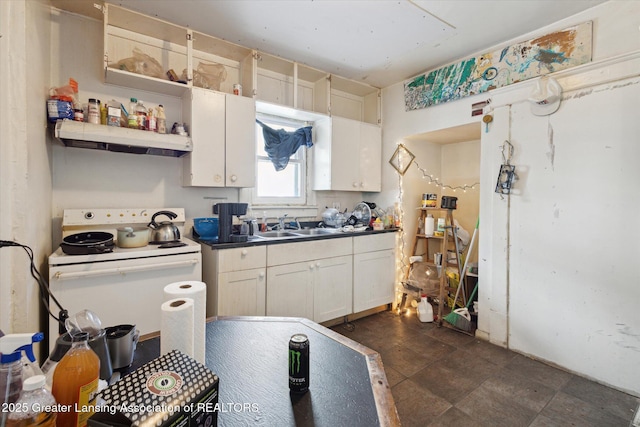 kitchen featuring under cabinet range hood, a sink, white range with electric stovetop, open shelves, and dark countertops