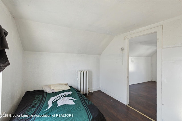 bedroom featuring radiator heating unit, vaulted ceiling, and dark wood finished floors