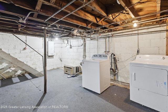 unfinished basement featuring washing machine and dryer and electric panel