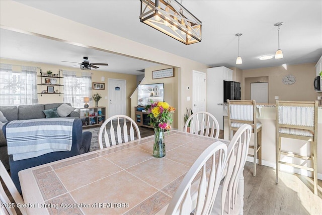 dining area with ceiling fan and wood finished floors