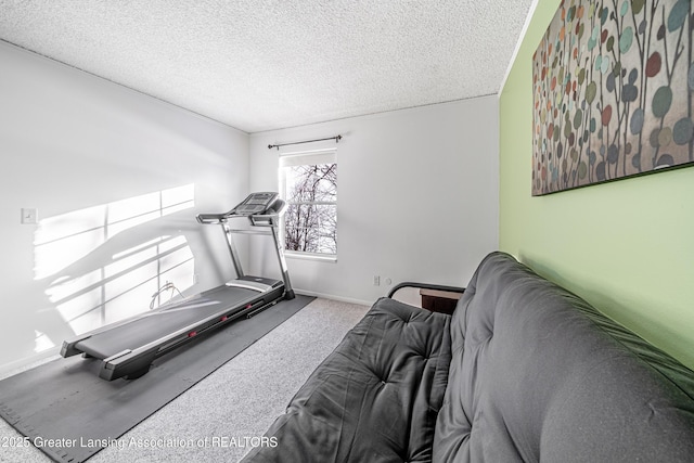 workout room featuring a textured ceiling, carpet, and baseboards