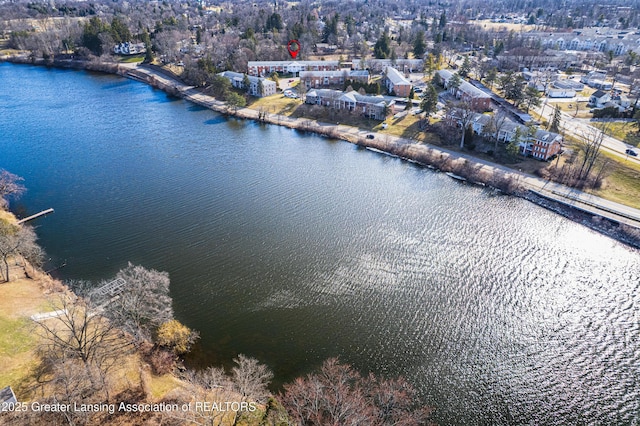 drone / aerial view with a water view