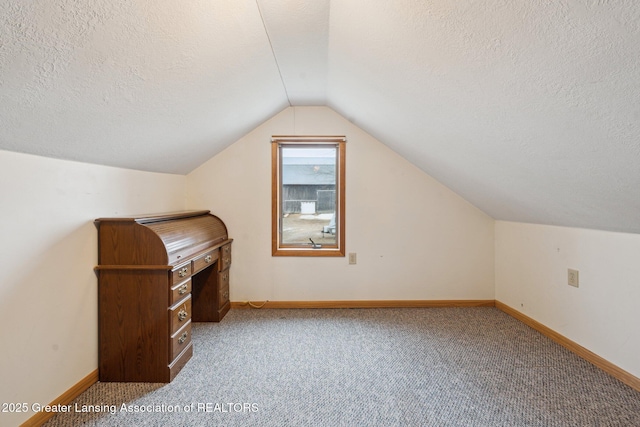 additional living space featuring lofted ceiling, a textured ceiling, and carpet