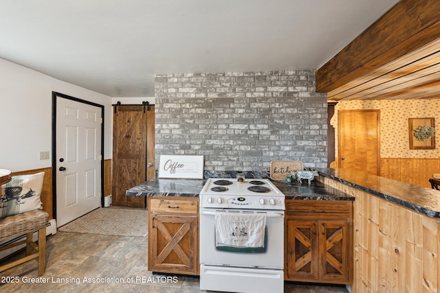 kitchen featuring brown cabinetry, electric stove, and a barn door