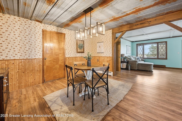 dining area with a wainscoted wall, baseboard heating, wood finished floors, wooden ceiling, and beamed ceiling