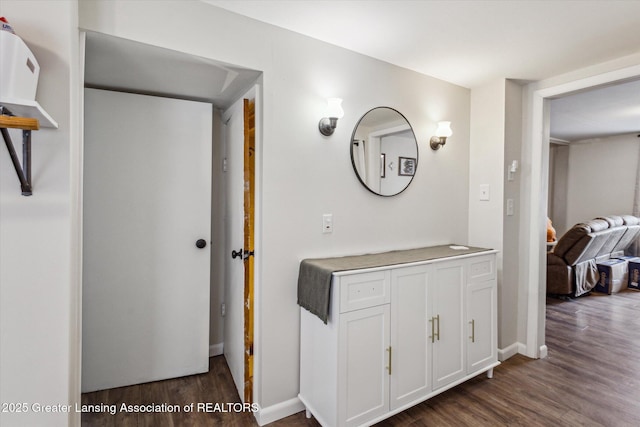 bathroom with baseboards, wood finished floors, and vanity