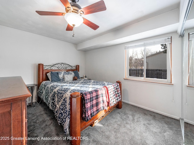 bedroom featuring carpet floors, ceiling fan, and baseboards