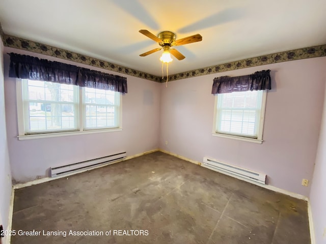 empty room featuring ceiling fan, baseboards, and baseboard heating