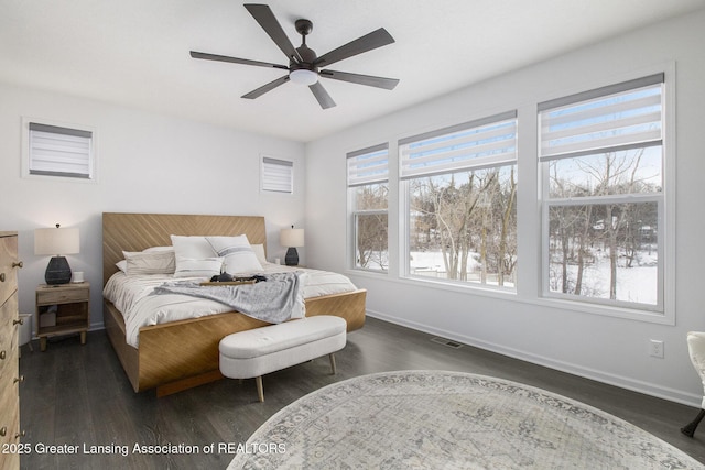 bedroom with visible vents, baseboards, and dark wood-style flooring