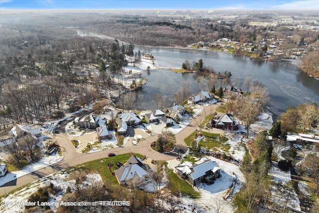 aerial view with a water view and a residential view