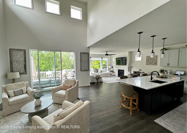 4125 Harbour Cv, Lansing, MI 48911 - living area featuring a high ceiling, a glass covered fireplace, dark wood finished floors, healthy amount of natural light, and baseboards