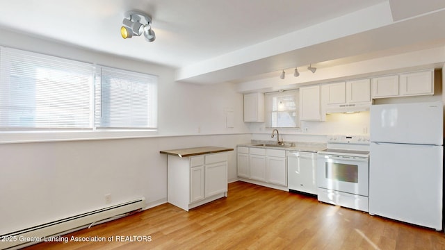 kitchen featuring light wood-style flooring, baseboard heating, a sink, white appliances, and under cabinet range hood