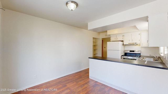 kitchen with electric range, baseboards, freestanding refrigerator, under cabinet range hood, and a sink