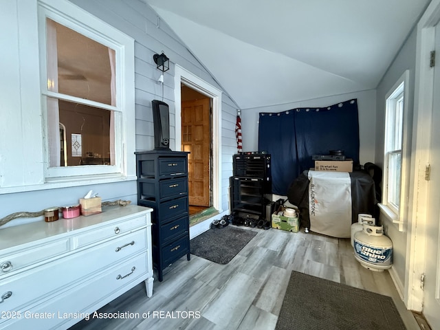 bedroom featuring light wood finished floors and vaulted ceiling