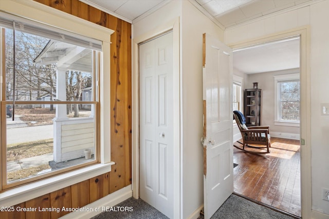 entryway with crown molding, wooden walls, hardwood / wood-style flooring, and baseboards