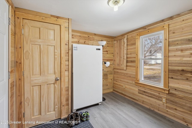 interior space featuring wood walls and wood finished floors