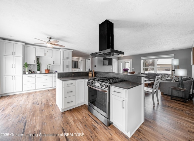 kitchen featuring light wood-type flooring, dark countertops, island range hood, and gas range