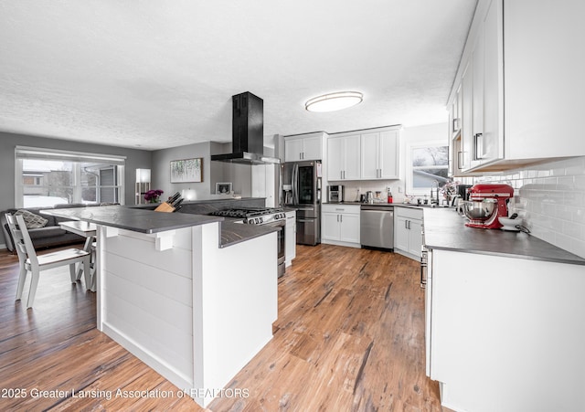 kitchen with appliances with stainless steel finishes, extractor fan, dark countertops, and light wood-style flooring