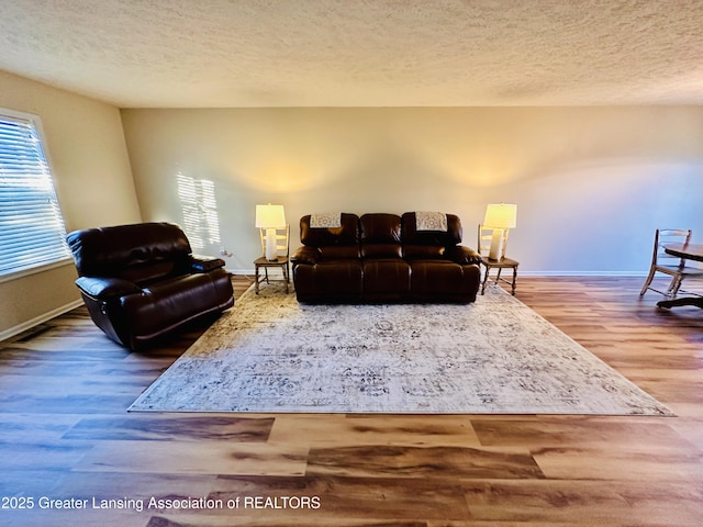 living area with a textured ceiling, wood finished floors, and baseboards