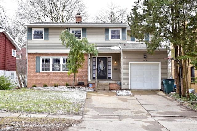 traditional-style house with a garage, concrete driveway, brick siding, and a chimney