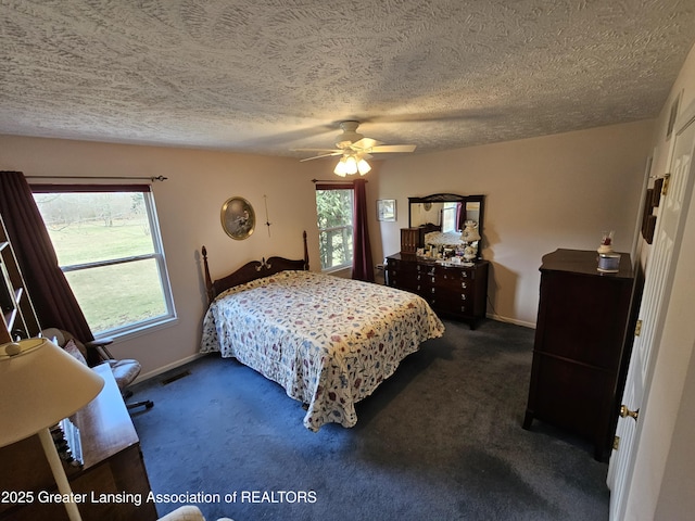 bedroom with visible vents, a textured ceiling, dark carpet, and a ceiling fan