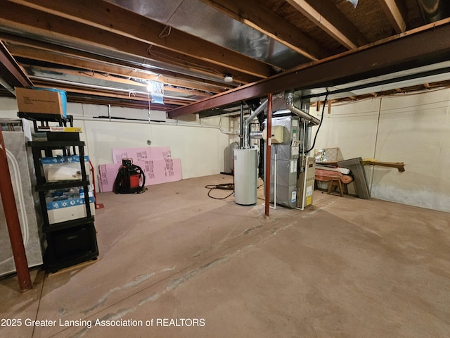 unfinished below grade area featuring gas water heater and heating unit