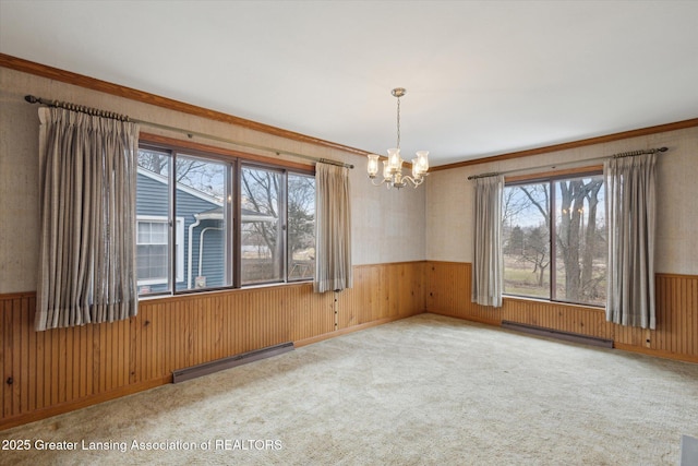 carpeted spare room featuring wood walls, a baseboard radiator, and wainscoting