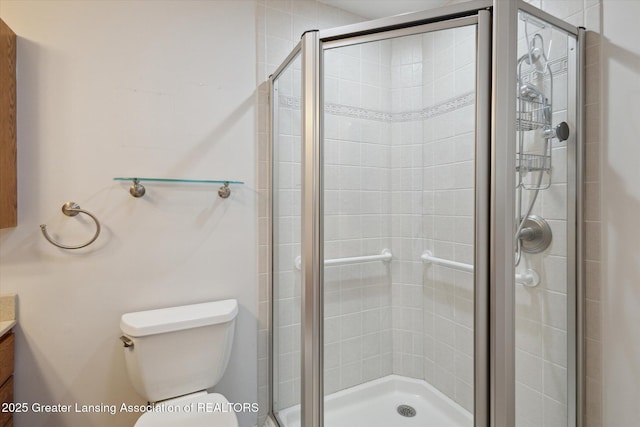 full bathroom with toilet, a stall shower, and vanity