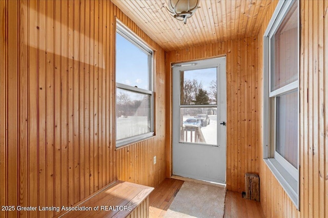 entryway featuring wood walls, plenty of natural light, wood finished floors, and wood ceiling